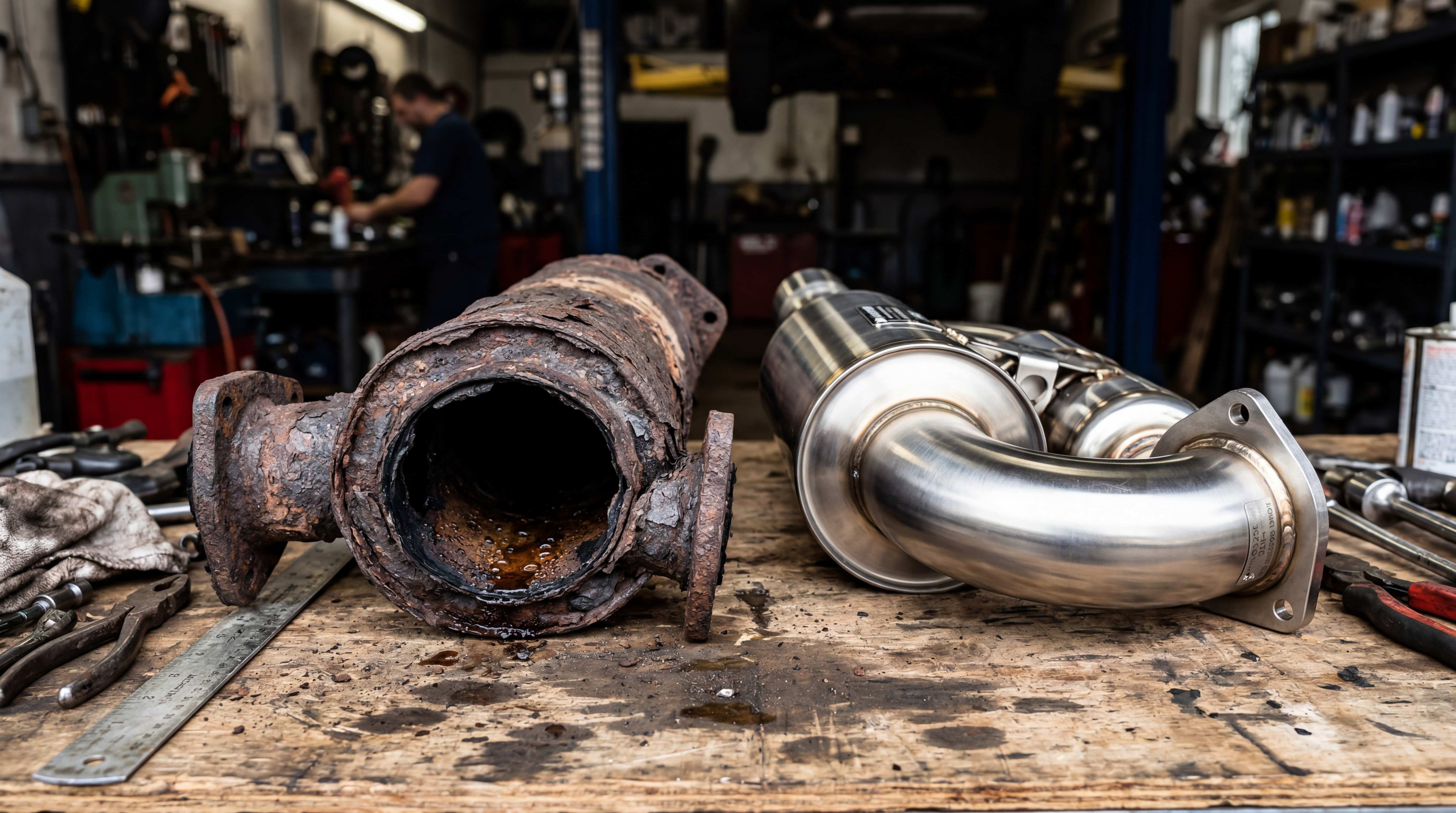 Corroded exhaust pipe compared with new stainless steel exhaust replacement part showing material and durability difference
